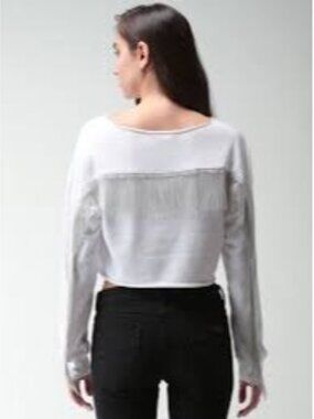 Forever 21 White Silver Chain Fringe Long Sleeve Cropped Top M Moto Edgy Grunge